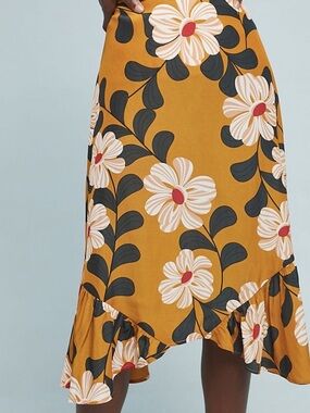 Anthropologie Eva Franco Floral Ruffle Hem Midi Skirt in Mustard 4 Petite